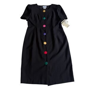 Vintage Periwinkle Midi Dress Black with Colorful Rainbow Buttons Sz 16 NWT